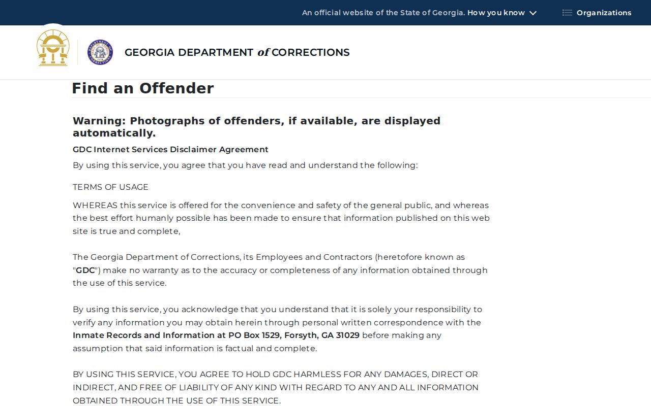 Georgia Department of Corrections offender query interface