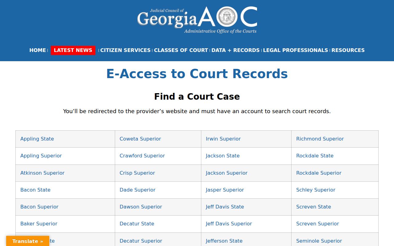 Georgia Courts E-Access directory for Jasper Superior Court records