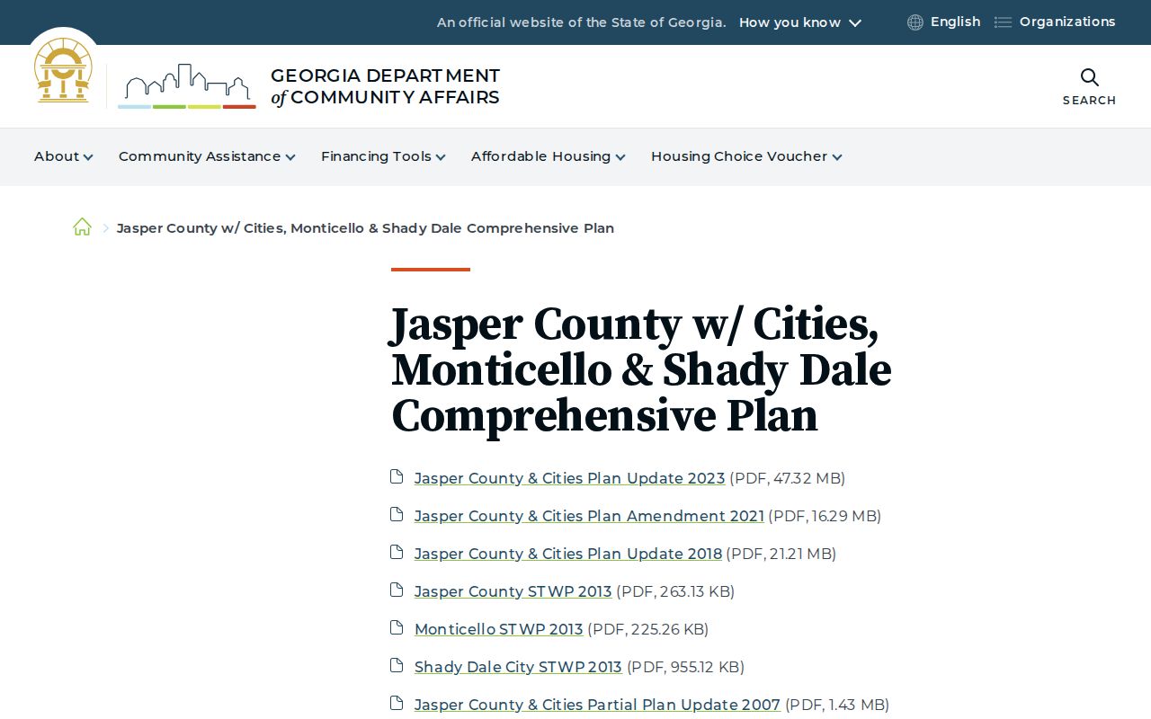 Georgia DCA page for the Jasper County and Shady Dale comprehensive plan